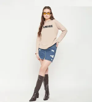 Beige Velvet Embroidery Hoodie for Women