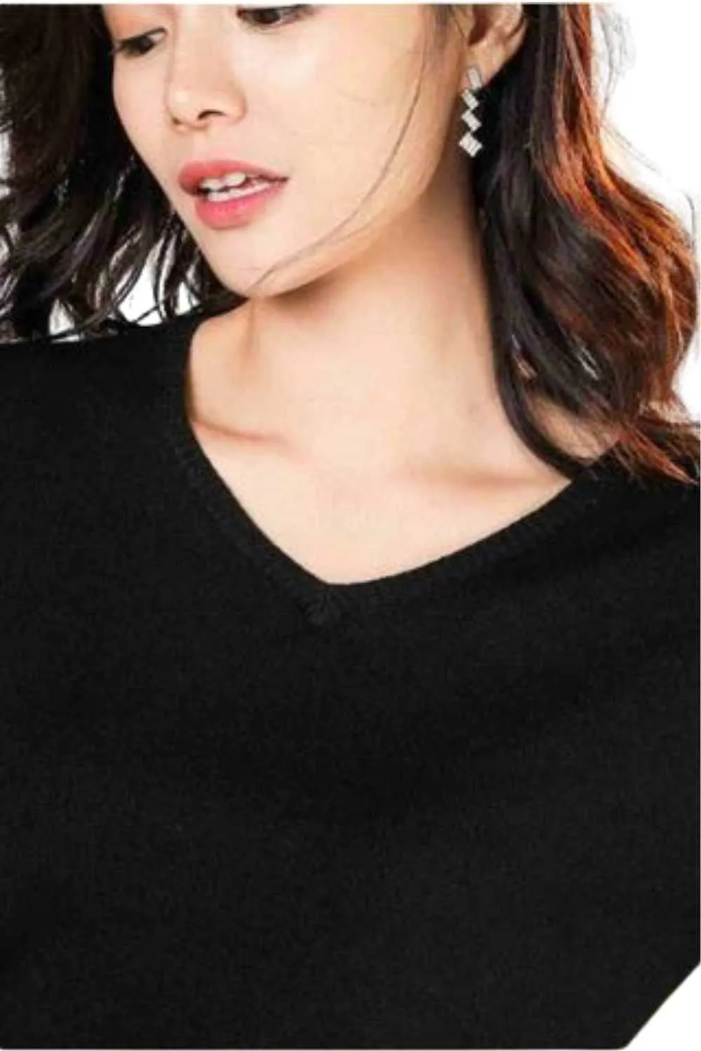 Cashmere Wool Knit Sweater Black V-Neck