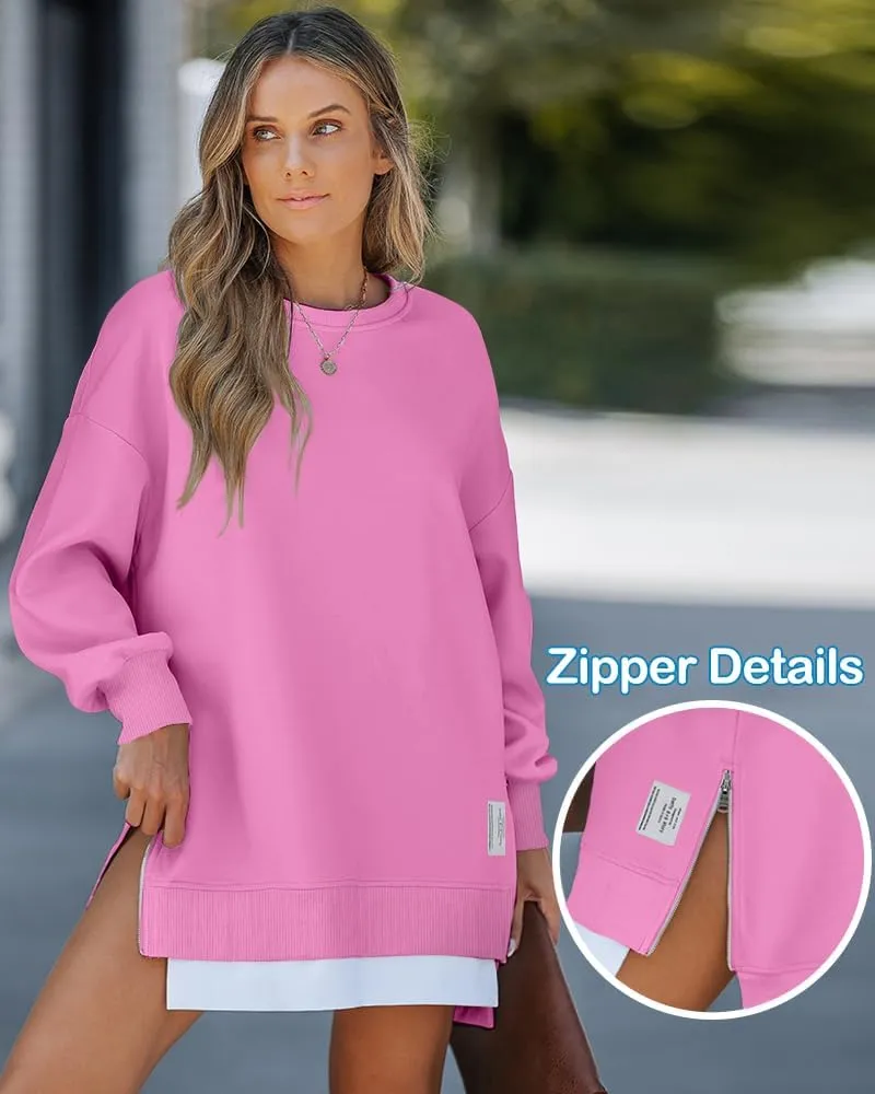 CHICME Womens Long Sleeve Zipper Slit Oversized Sweatshirt Casual Pullover Zipper Hoodies