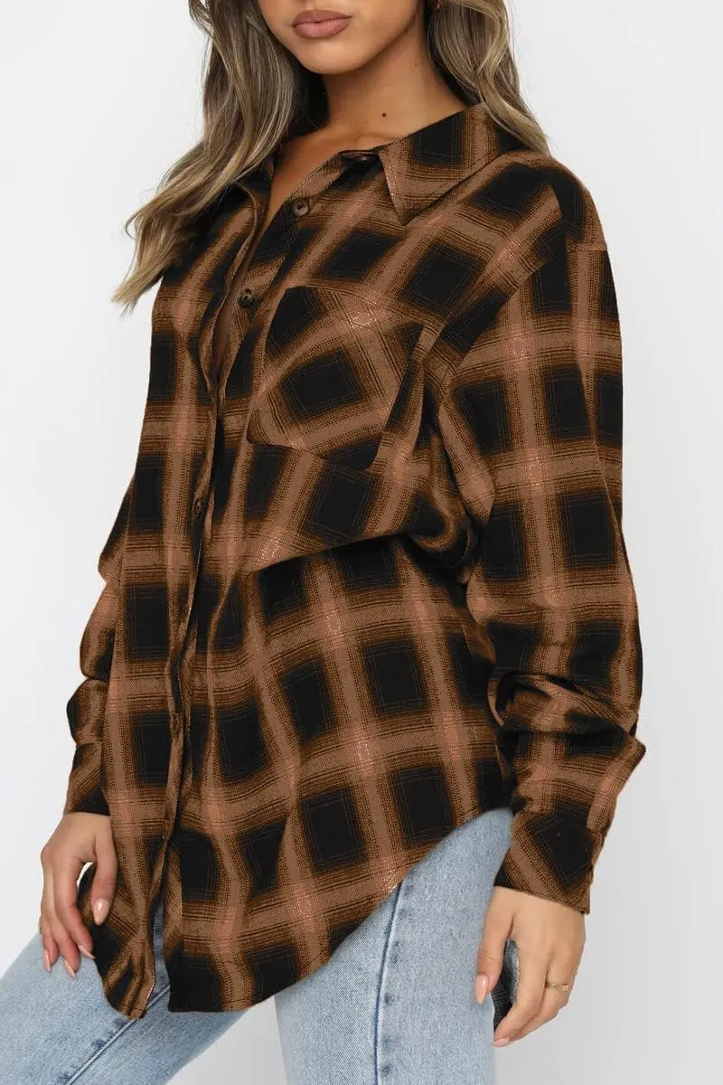 CHYRII Womens Button Down Flannel Shirts Long Sleeve Plaid Shackets Business Casual Blouse Top