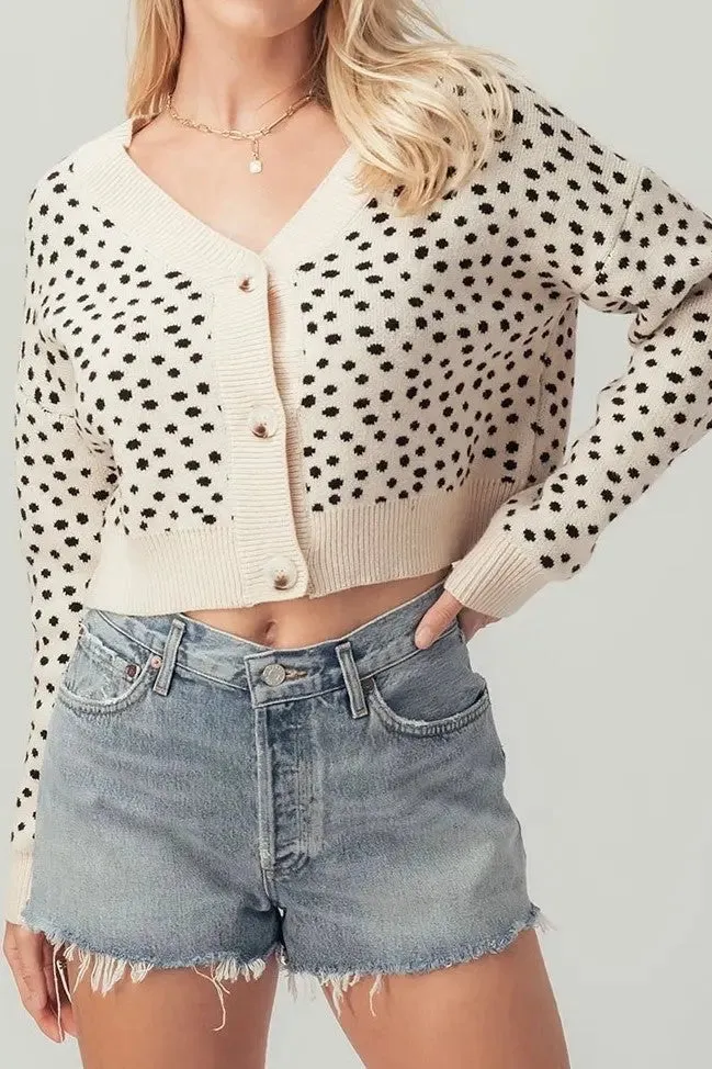 Dot Printed V-Neck Cropped Cardigan