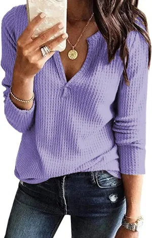 Famulily Womens Long Sleeve Tshirt V Neck Loose Fit Soft Waffle Knit Thermal Tops