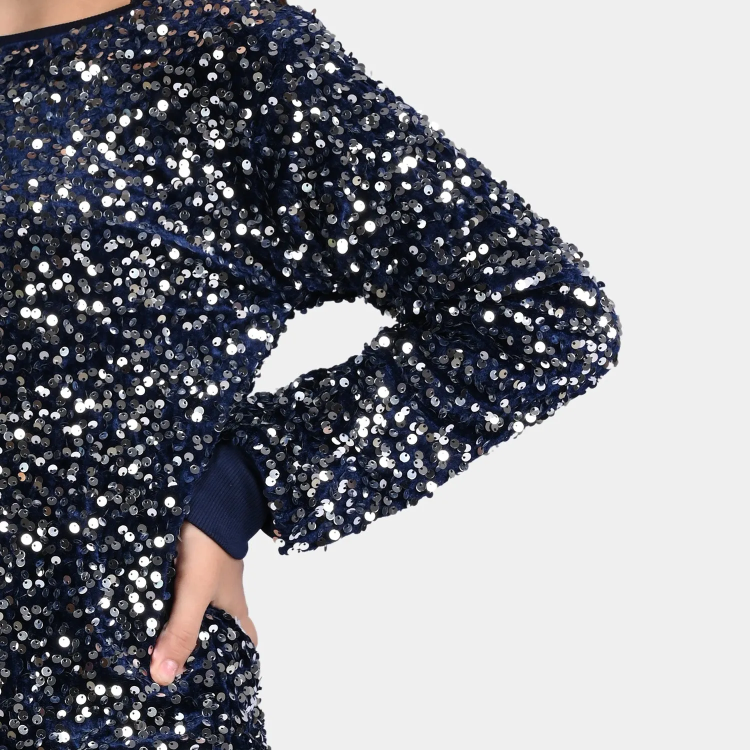 Girls Velvet Sweatshirt Sequins Round-NAVY