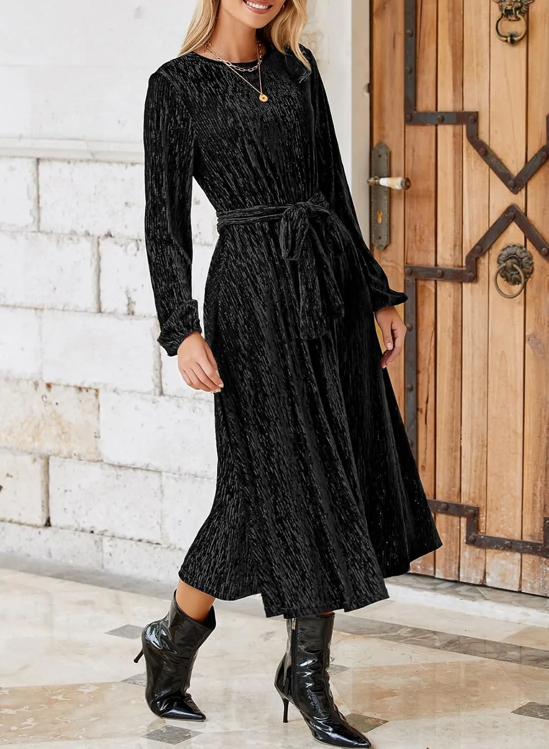 Happy Sailed Women's Velvet Dress Fashion Spring Lantern Sleeve High Waist A-Line Long Formal Party Dresses