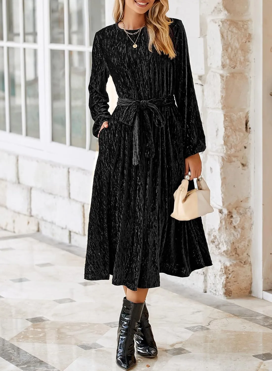 Happy Sailed Women's Velvet Dress Fashion Spring Lantern Sleeve High Waist A-Line Long Formal Party Dresses
