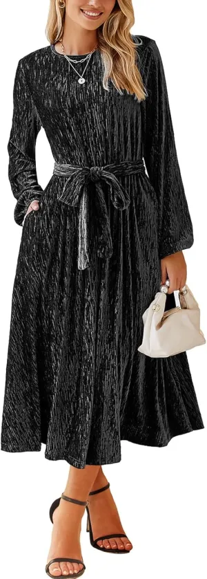 Happy Sailed Women's Velvet Dress Fashion Spring Lantern Sleeve High Waist A-Line Long Formal Party Dresses
