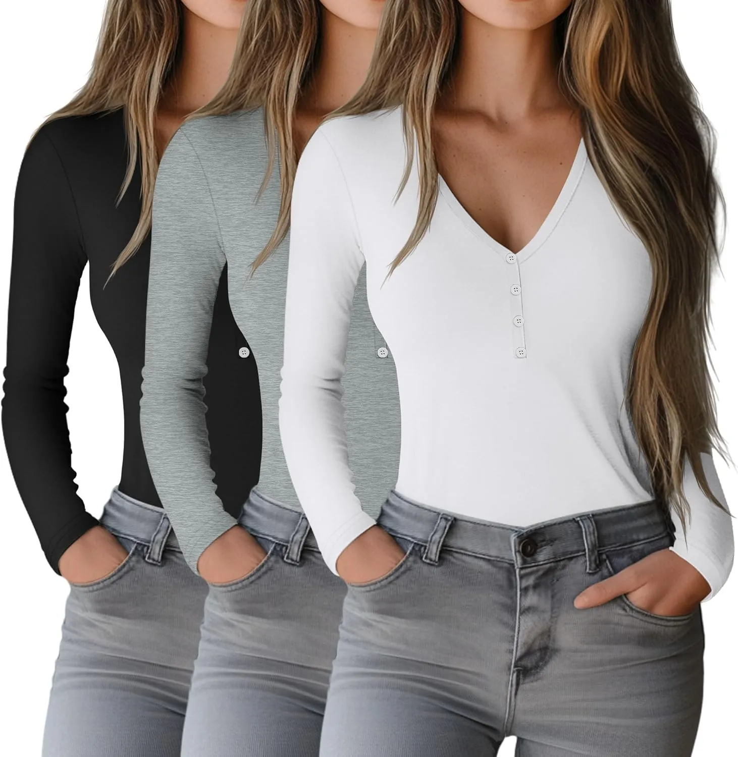 Huukeay 3 Pack Long Sleeve Henley Shirts for Women V Neck Layering Tops Slim Fit Casual Thermal Basic Tee with Button