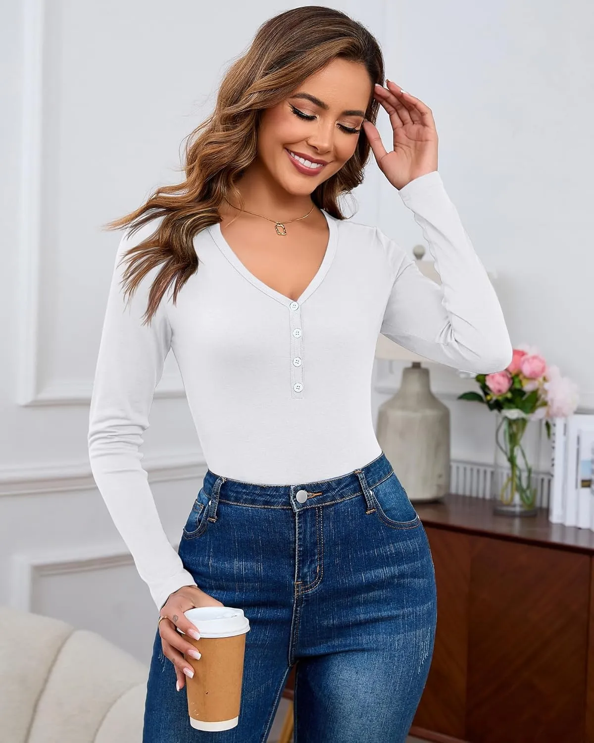 Huukeay 3 Pack Long Sleeve Henley Shirts for Women V Neck Layering Tops Slim Fit Casual Thermal Basic Tee with Button