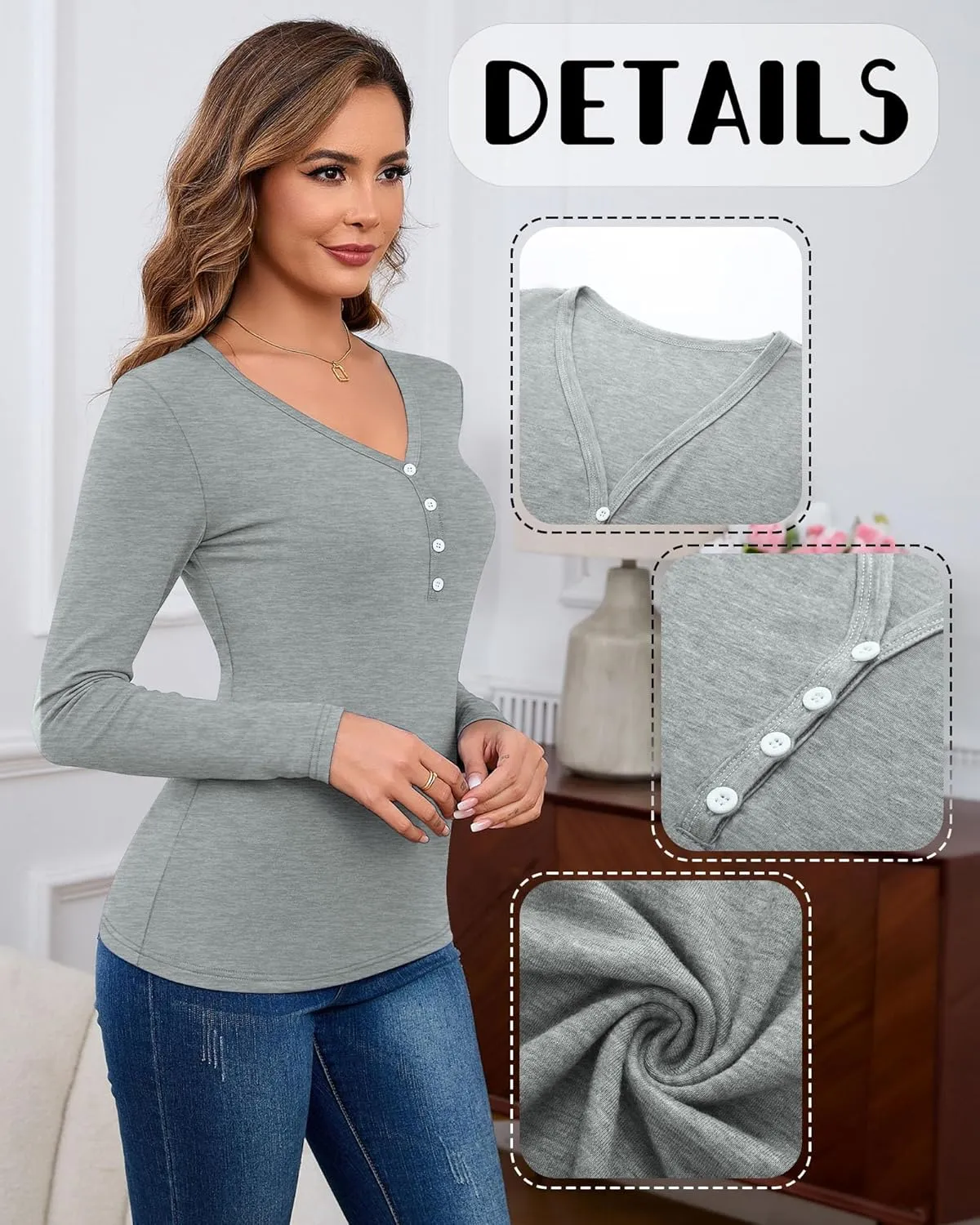 Huukeay 3 Pack Long Sleeve Henley Shirts for Women V Neck Layering Tops Slim Fit Casual Thermal Basic Tee with Button