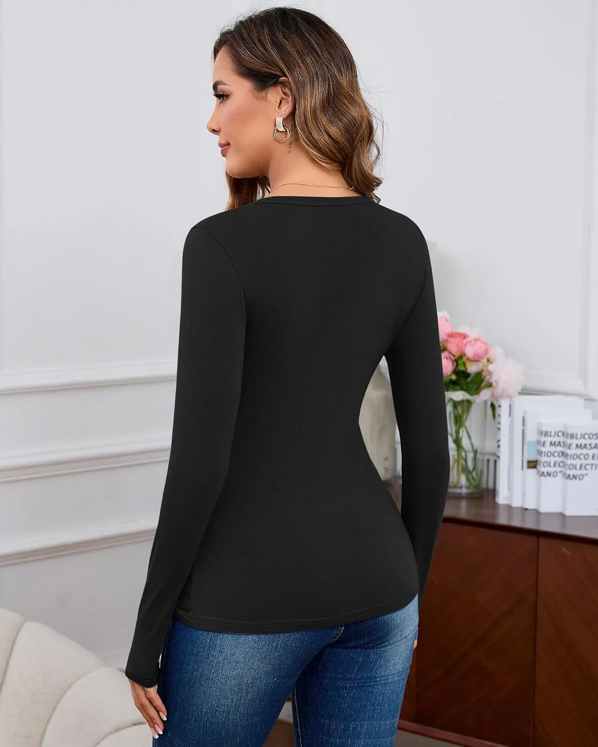 Huukeay 3 Pack Long Sleeve Henley Shirts for Women V Neck Layering Tops Slim Fit Casual Thermal Basic Tee with Button