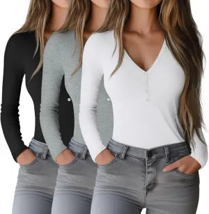 Huukeay 3 Pack Long Sleeve Henley Shirts for Women V Neck Layering Tops Slim Fit Casual Thermal Basic Tee with Button