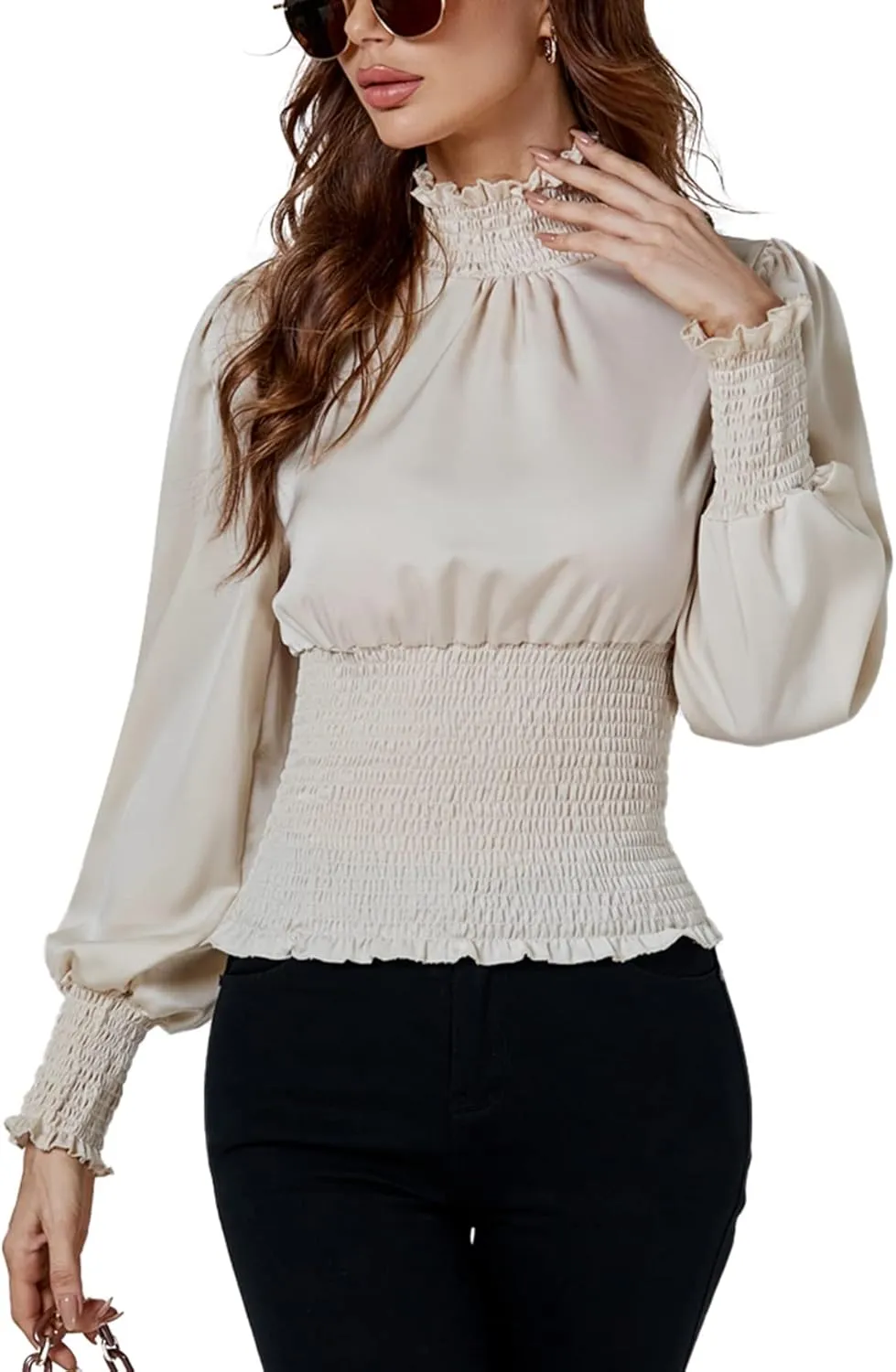 LYANER Women's Shirred Frill Mock Neck Smocked Puff Long Sleeve Blouse Top