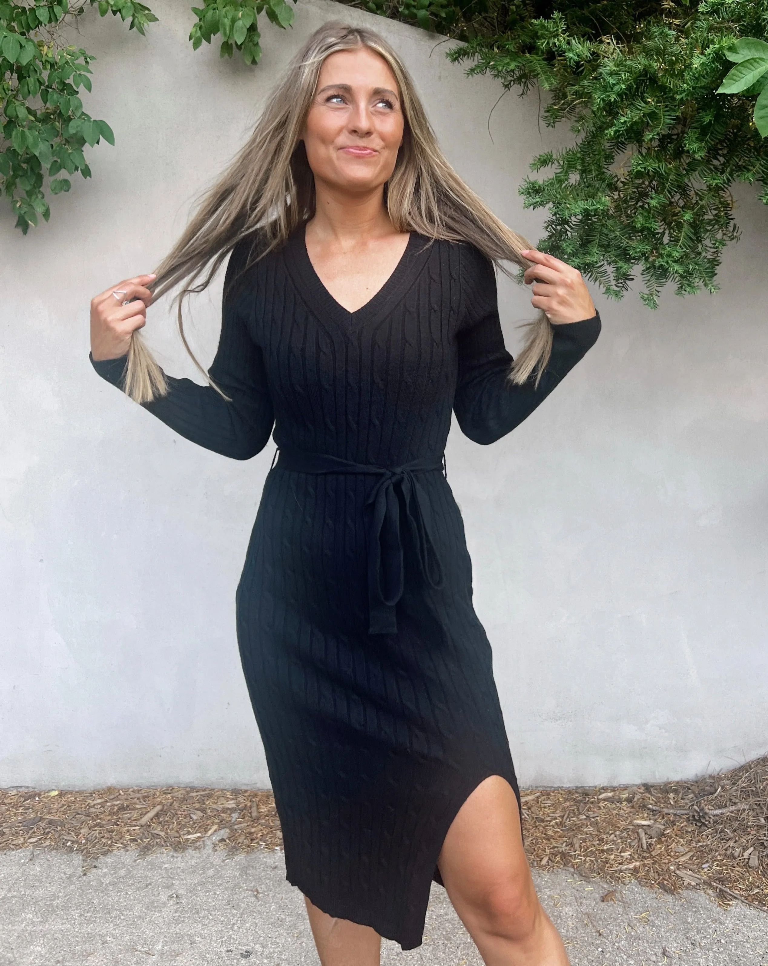 MEROKEETY Pullover Belted Bodycon Slit Sweater Dress