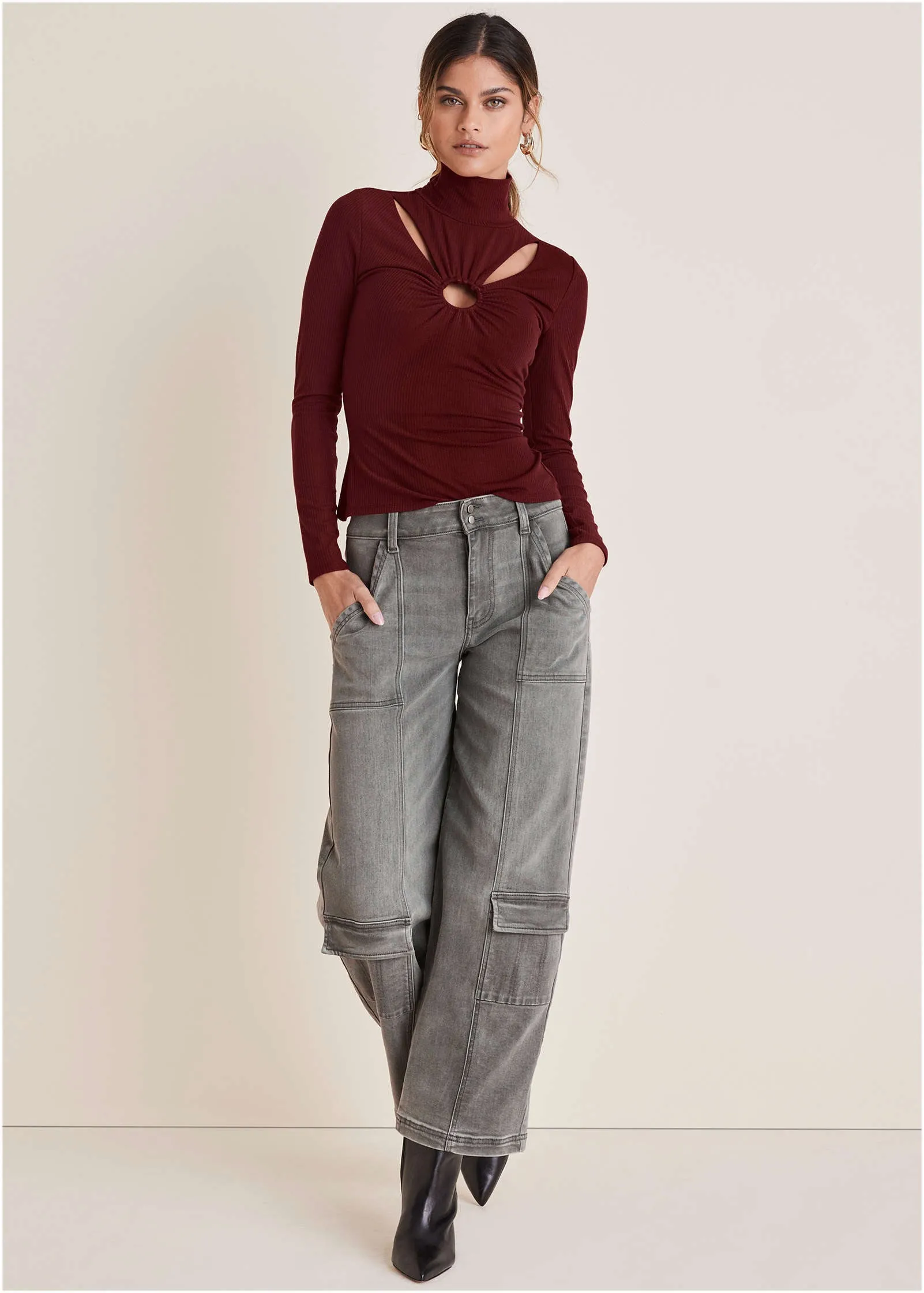 Mock Neck Cutout Top - Wine