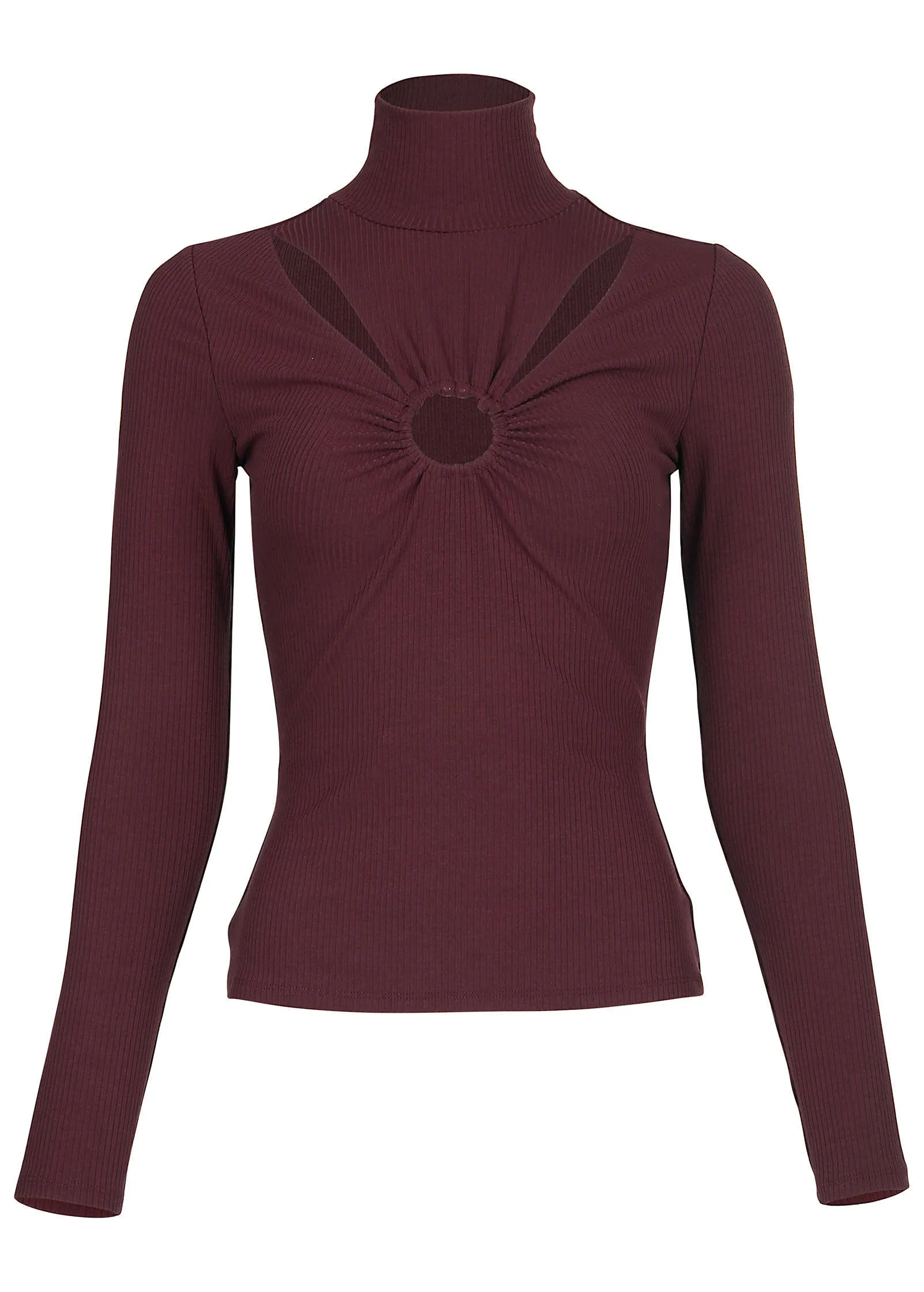 Mock Neck Cutout Top - Wine