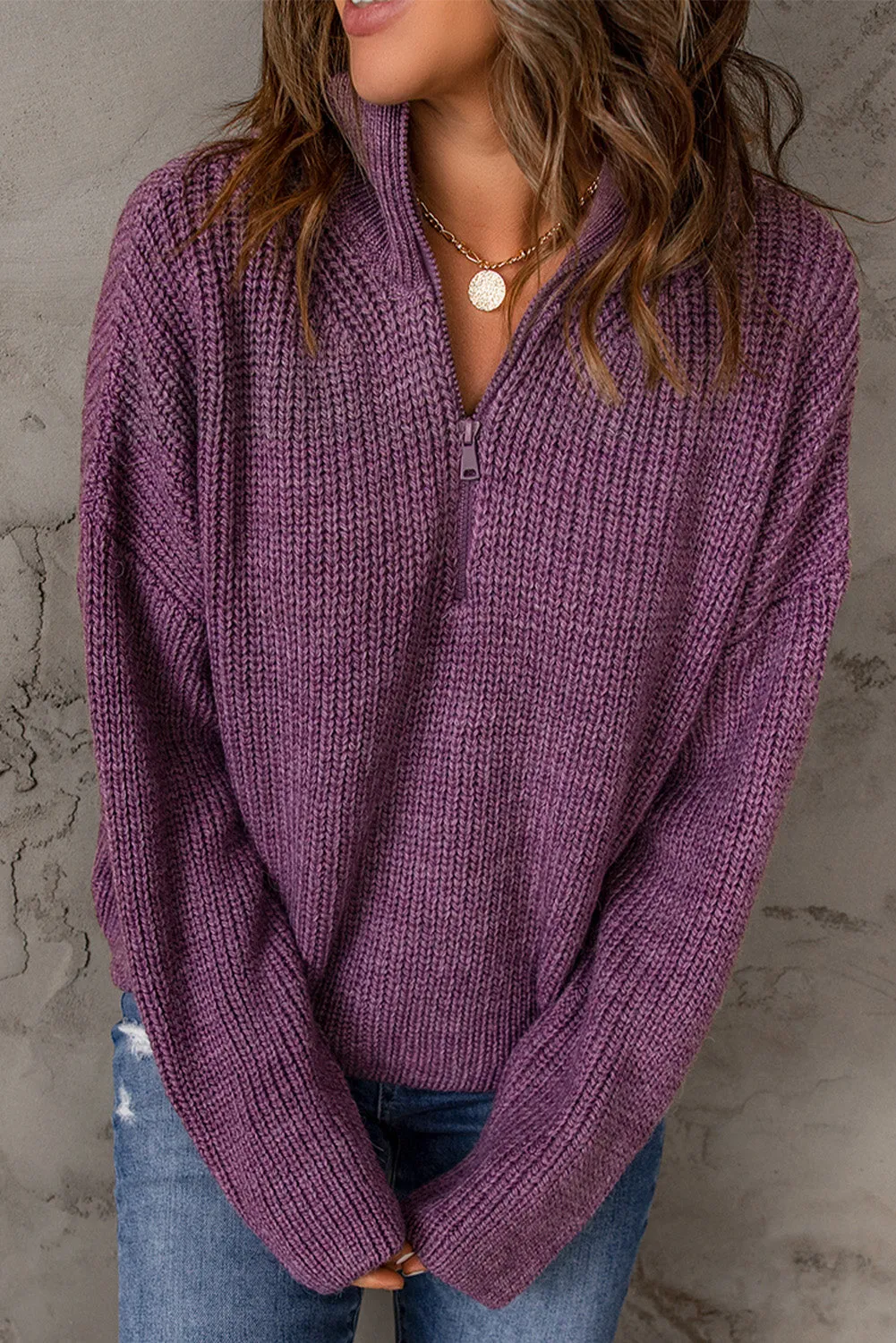 Purple Zipped Turtleneck Sweater