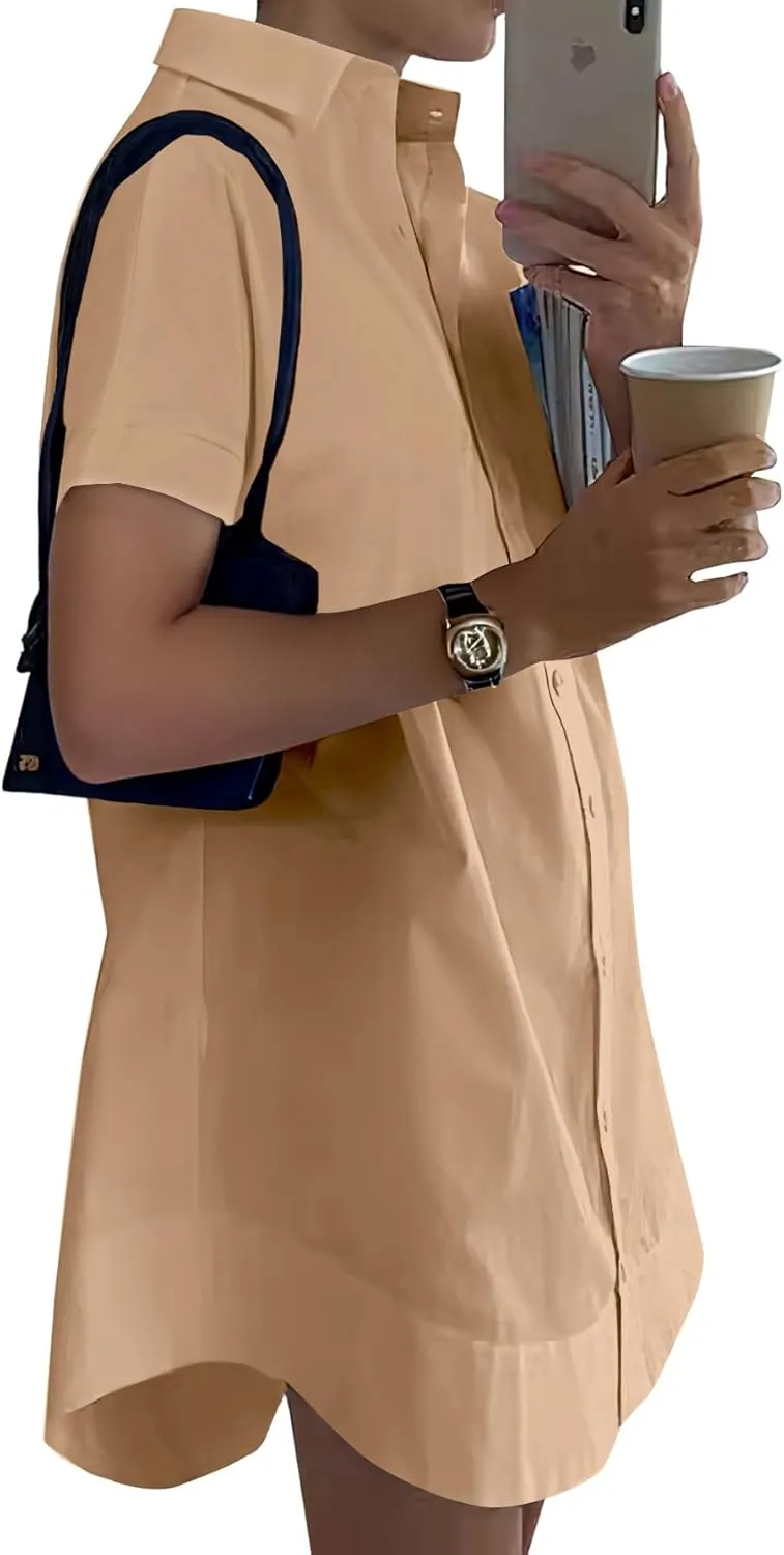Rooscier Women's Casual Shirt Dress Collar V Neck Button Down Short Sleeve Loose Mini Dresses