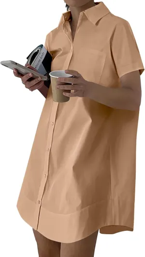 Rooscier Women's Casual Shirt Dress Collar V Neck Button Down Short Sleeve Loose Mini Dresses