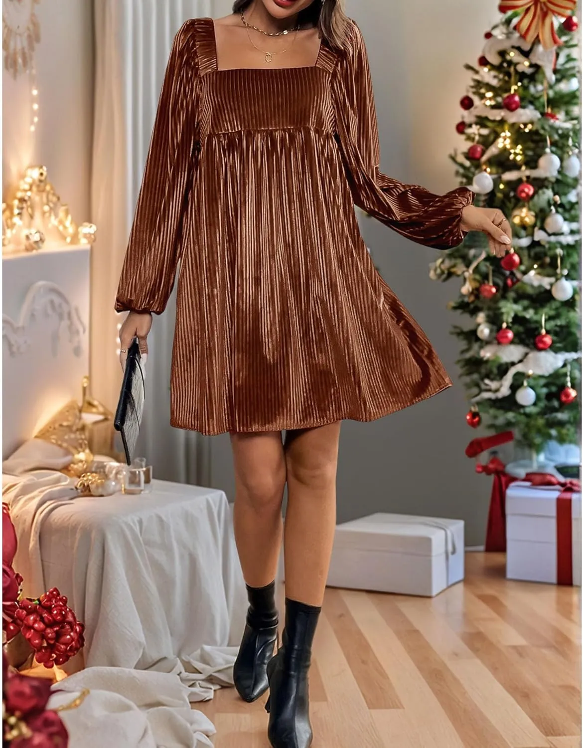 Sexyshine Women's Square Neck Velvet Dress Long Sleeve Tie Back Open Back Ruffle Mini Babydoll Dress