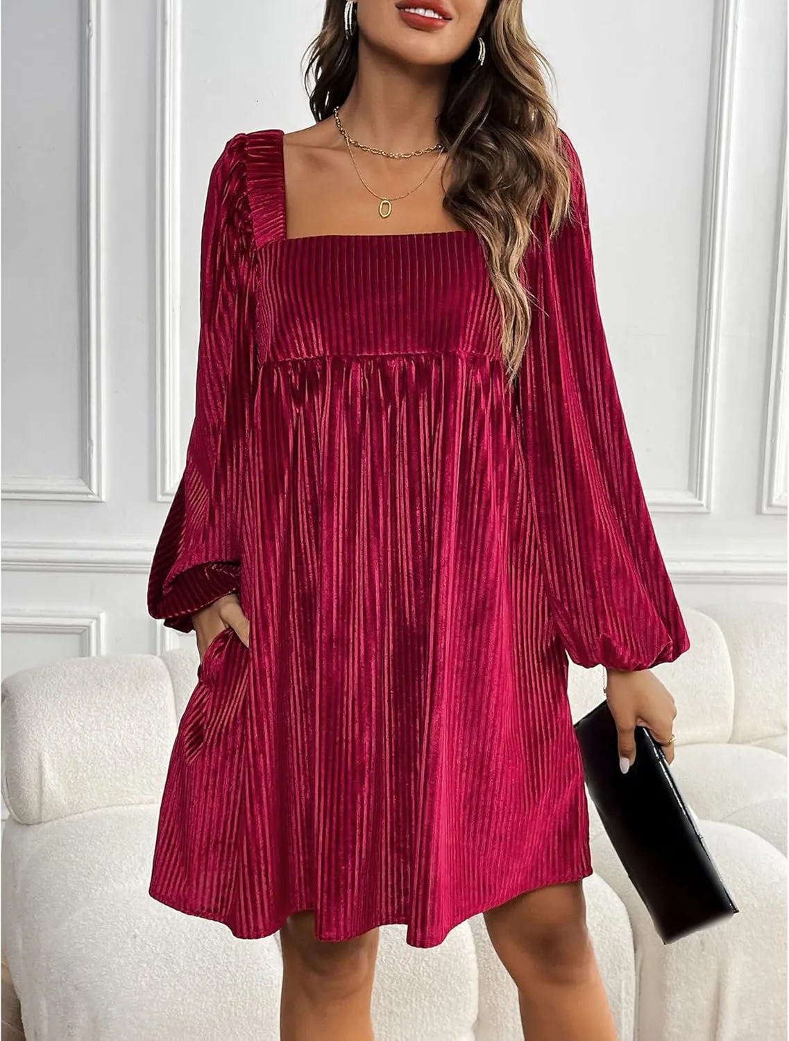 Sexyshine Women's Square Neck Velvet Dress Long Sleeve Tie Back Open Back Ruffle Mini Babydoll Dress