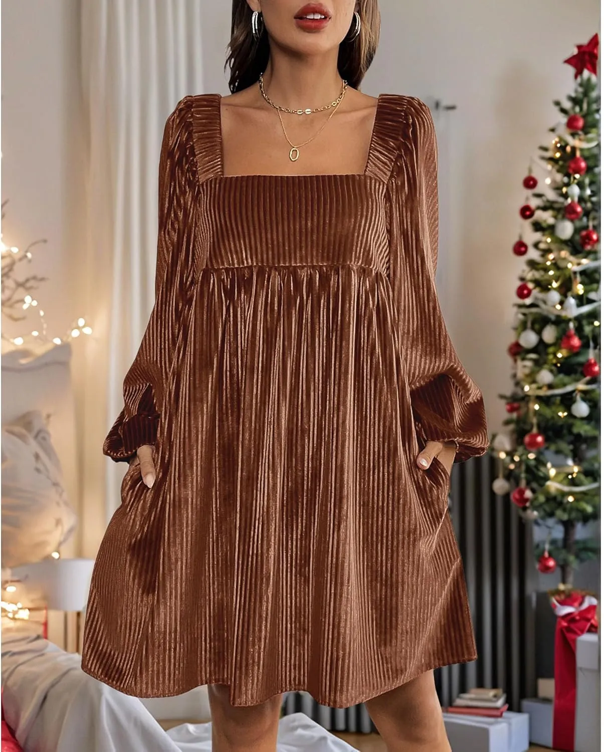 Sexyshine Women's Square Neck Velvet Dress Long Sleeve Tie Back Open Back Ruffle Mini Babydoll Dress