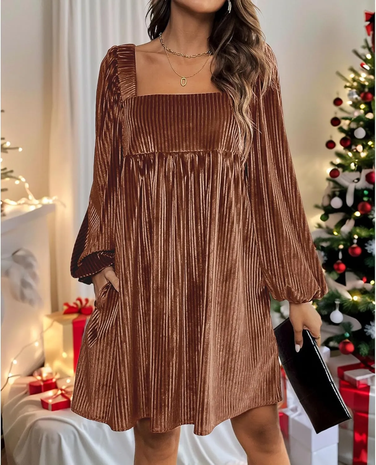 Sexyshine Women's Square Neck Velvet Dress Long Sleeve Tie Back Open Back Ruffle Mini Babydoll Dress