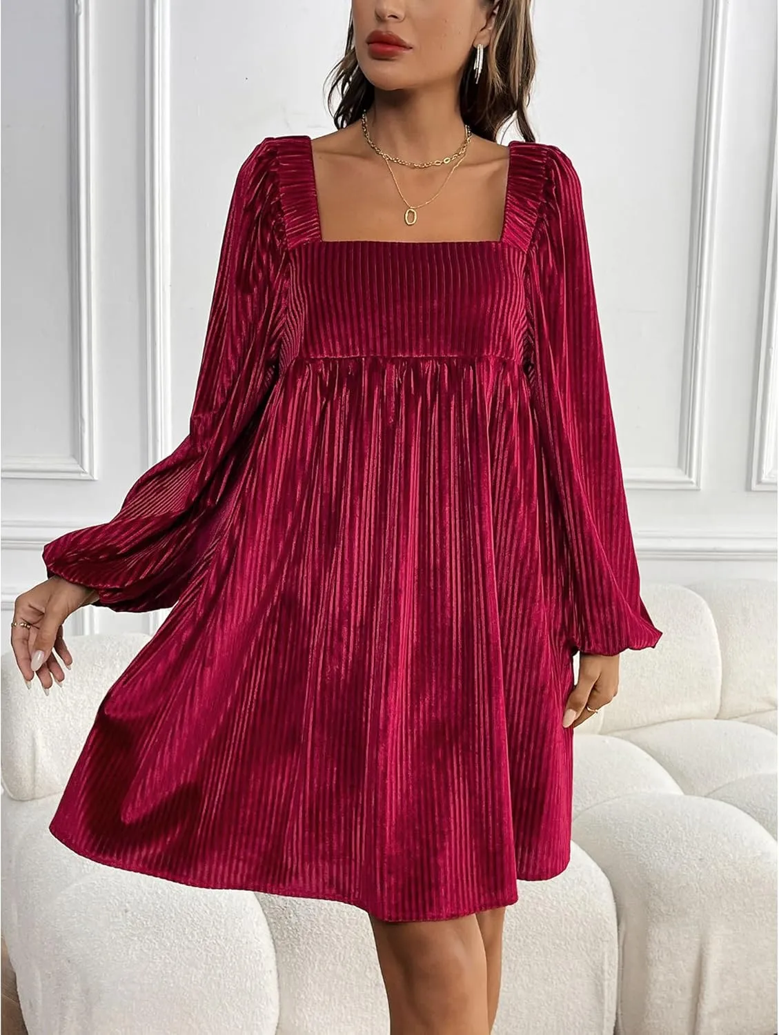 Sexyshine Women's Square Neck Velvet Dress Long Sleeve Tie Back Open Back Ruffle Mini Babydoll Dress