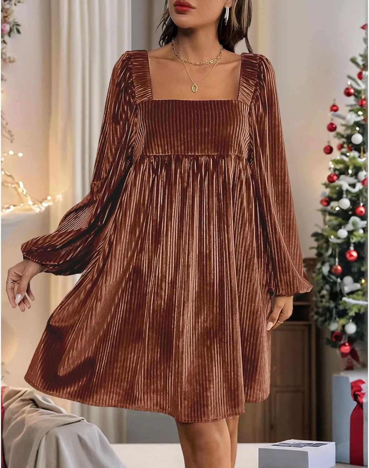 Sexyshine Women's Square Neck Velvet Dress Long Sleeve Tie Back Open Back Ruffle Mini Babydoll Dress