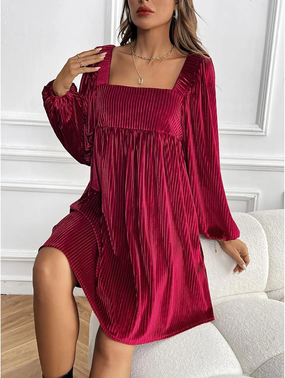 Sexyshine Women's Square Neck Velvet Dress Long Sleeve Tie Back Open Back Ruffle Mini Babydoll Dress