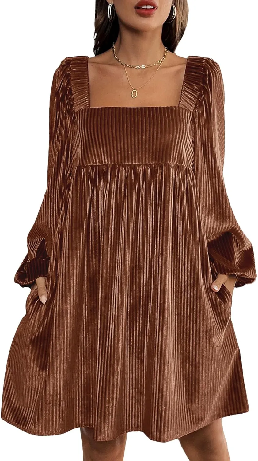 Sexyshine Women's Square Neck Velvet Dress Long Sleeve Tie Back Open Back Ruffle Mini Babydoll Dress