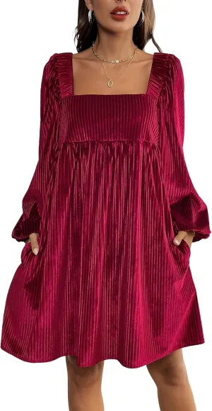 Sexyshine Women's Square Neck Velvet Dress Long Sleeve Tie Back Open Back Ruffle Mini Babydoll Dress