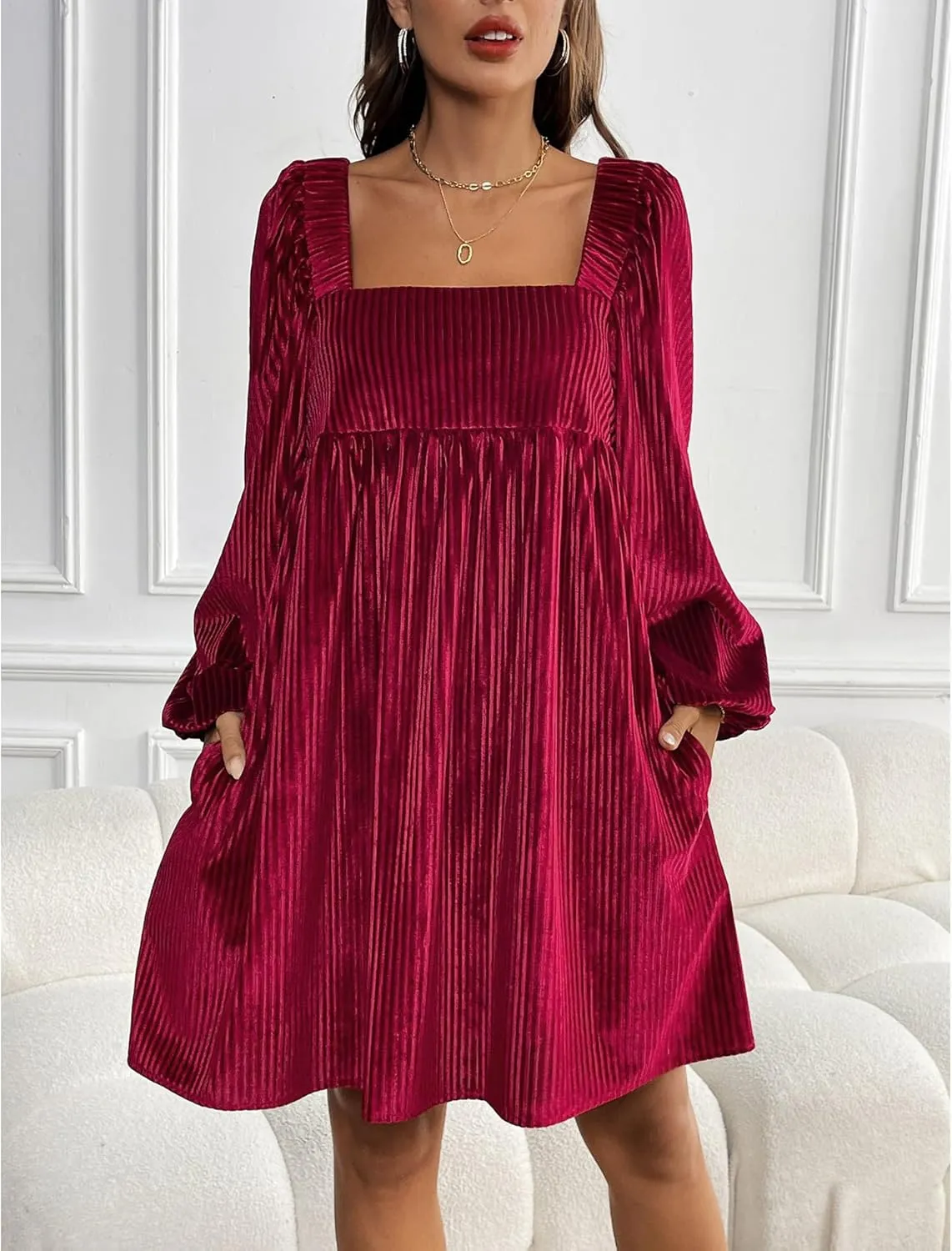 Sexyshine Women's Square Neck Velvet Dress Long Sleeve Tie Back Open Back Ruffle Mini Babydoll Dress