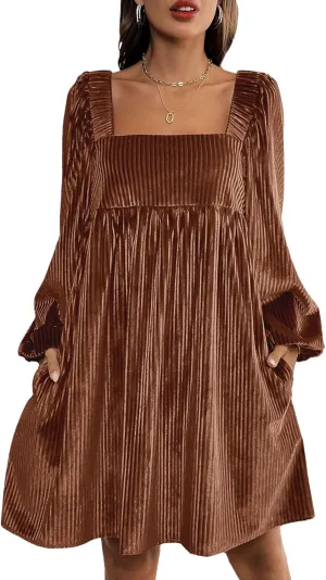 Sexyshine Women's Square Neck Velvet Dress Long Sleeve Tie Back Open Back Ruffle Mini Babydoll Dress