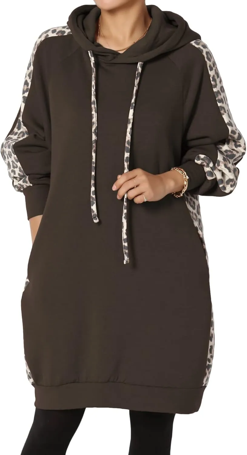 TheMogan Leopard Accent Loose Fit Pocket Pullover Hoodie Long Tunic Sweatshirts
