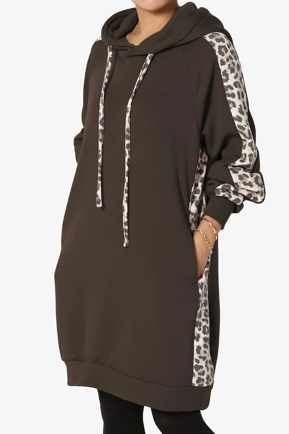 TheMogan Leopard Accent Loose Fit Pocket Pullover Hoodie Long Tunic Sweatshirts