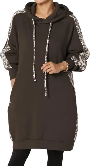 TheMogan Leopard Accent Loose Fit Pocket Pullover Hoodie Long Tunic Sweatshirts