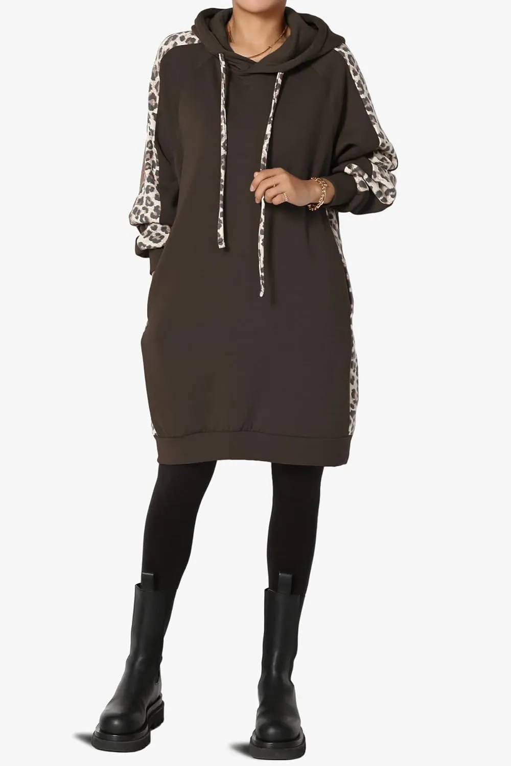 TheMogan Leopard Accent Loose Fit Pocket Pullover Hoodie Long Tunic Sweatshirts