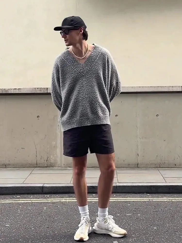 Wiaofellas  -  Men's Solid Color Knitted V Neck Sweater Casual Male Loose Long Sleeve Pullovers Autumn New High Quality Hot Sale Tops