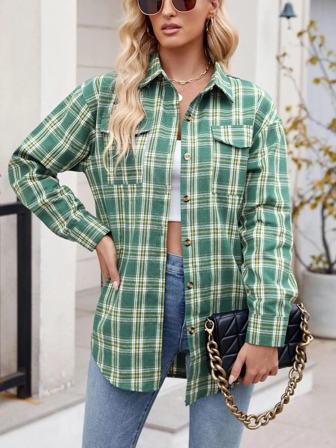 Womens Button Down Flannel Shirts Long Sleeve Plaid Shackets Business Casual Blouse Top