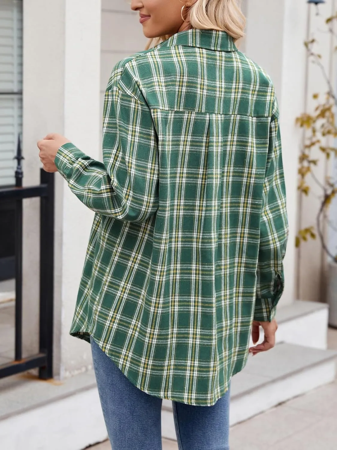 Womens Button Down Flannel Shirts Long Sleeve Plaid Shackets Business Casual Blouse Top