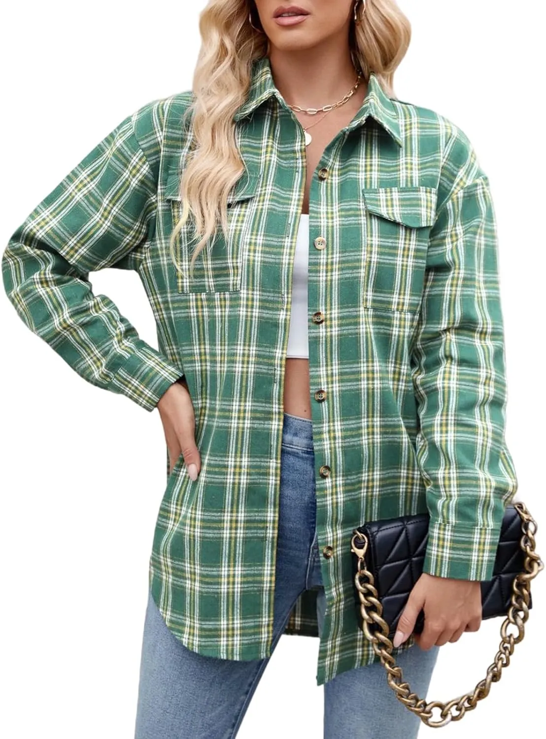 Womens Button Down Flannel Shirts Long Sleeve Plaid Shackets Business Casual Blouse Top