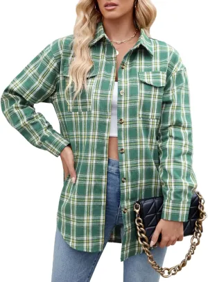 Womens Button Down Flannel Shirts Long Sleeve Plaid Shackets Business Casual Blouse Top