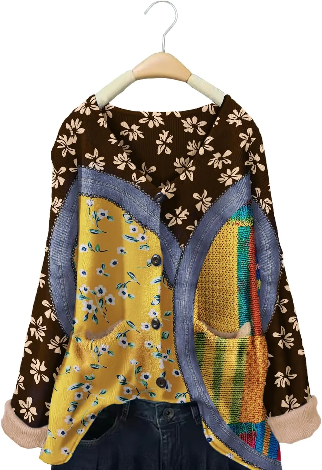 YESNO Women's Fall V-Neck Cardigan Sweaters Casual Graphic Oversized Open Front Button Down Long Sleeves Knit Tops SCV