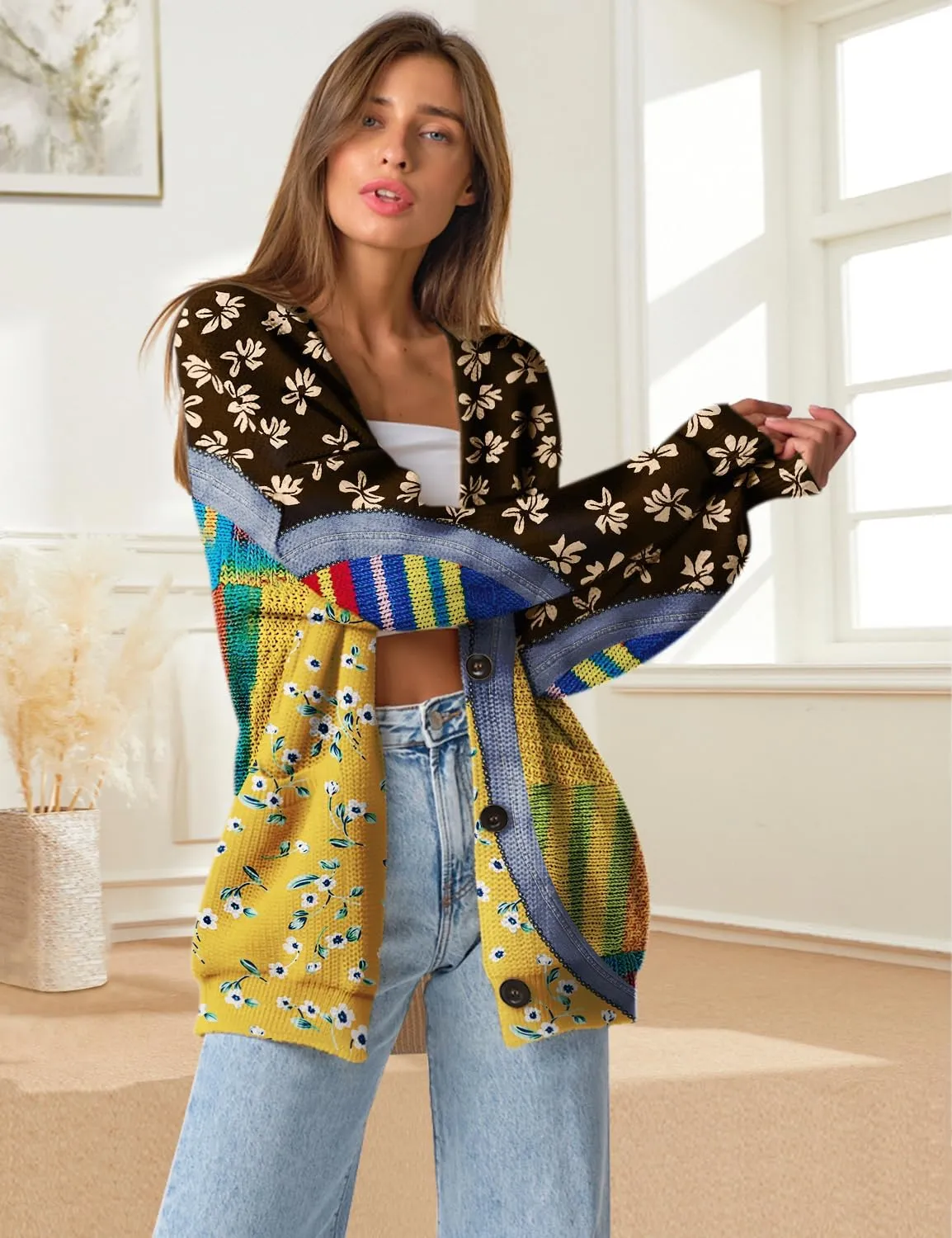 YESNO Women's Fall V-Neck Cardigan Sweaters Casual Graphic Oversized Open Front Button Down Long Sleeves Knit Tops SCV