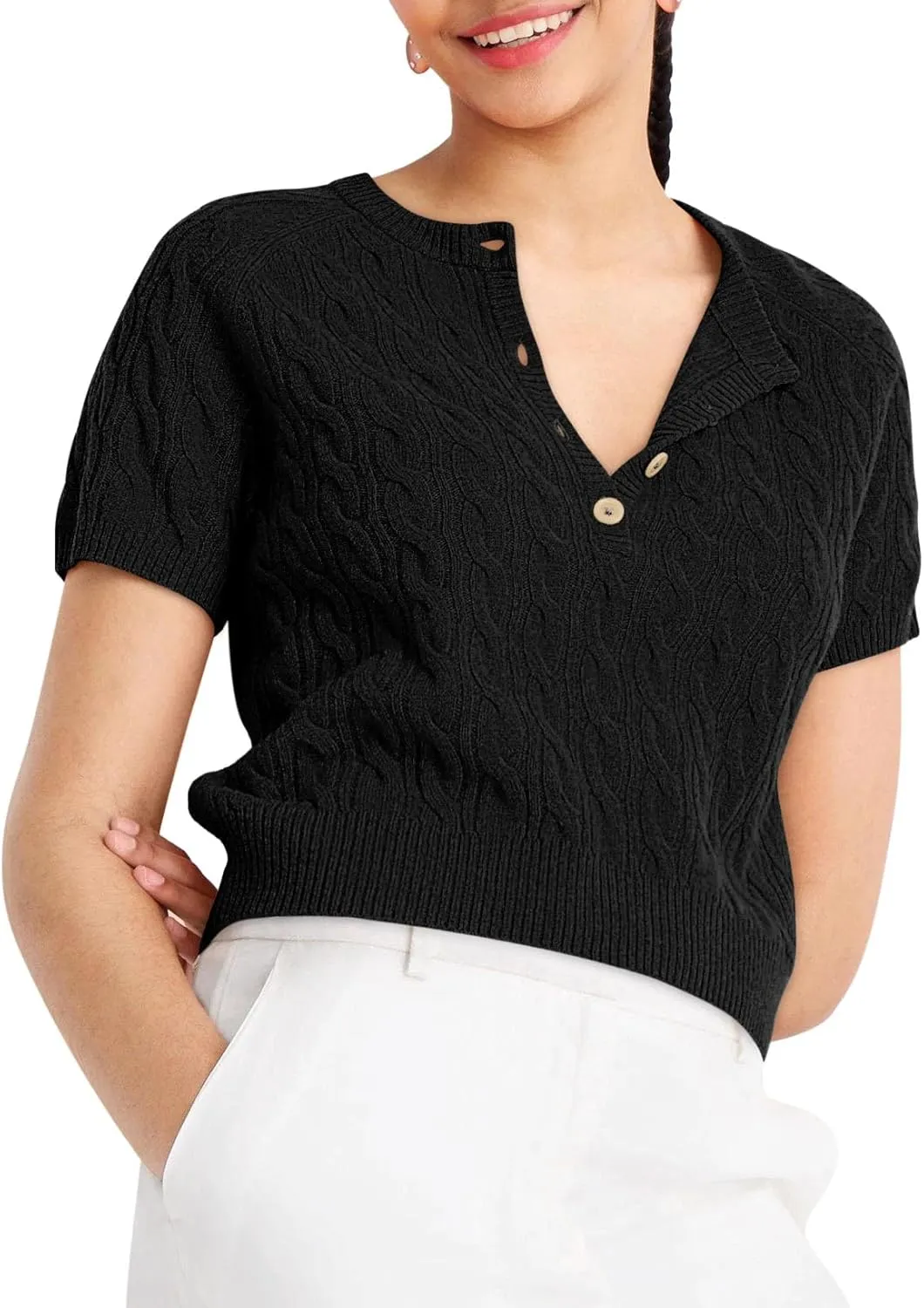 Yousify Short Sleeve Sweaters for Women Trendy 2024 Summer Spring Tops Crewneck Button Up Blouses S-2XL