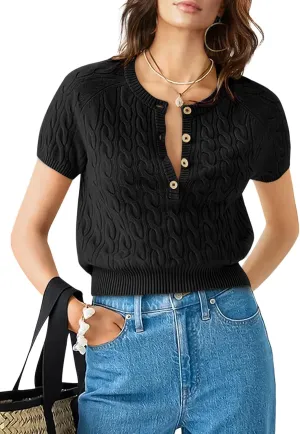 Yousify Short Sleeve Sweaters for Women Trendy 2024 Summer Spring Tops Crewneck Button Up Blouses S-2XL